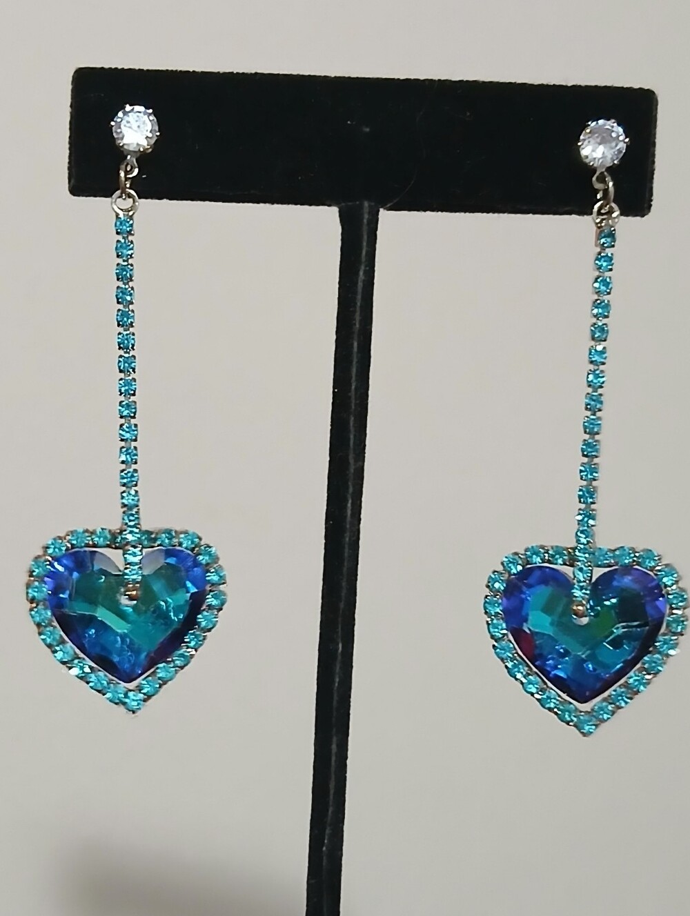 Blue Crystal Heart Dangle Drop Earrings Womens Rhinestone Statement Jewelry 2.5"